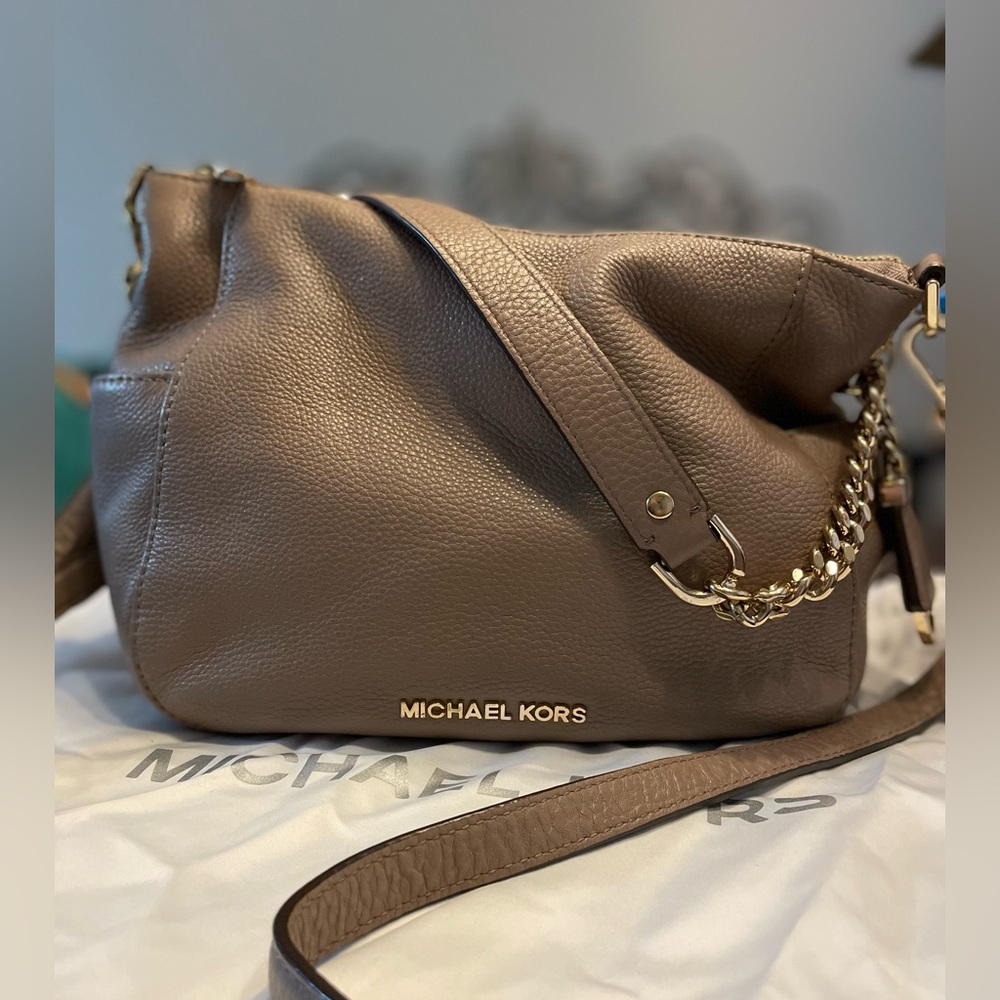 SOLD /Michael Kors purse, tan/beige with gold. GUC